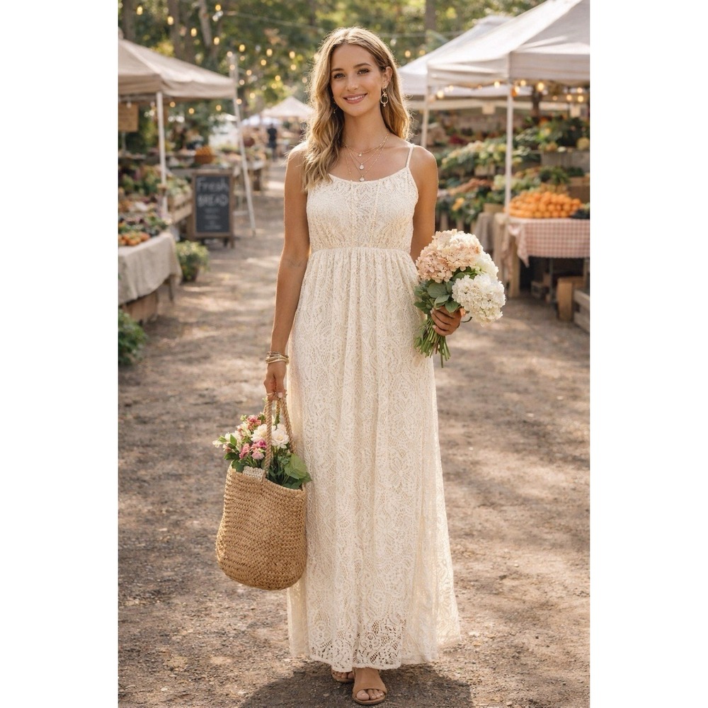 Maurices Cream Lace Maxi Dress L Boho Cottagecore Adjustable Strap Lined